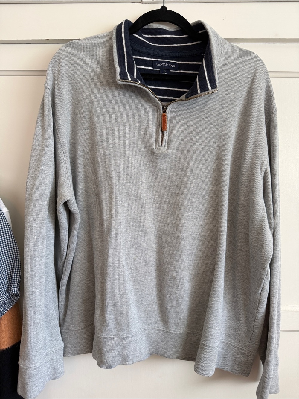 Lands' End Men’s Light Gray Quarter-Zip Sweatshirt with Navy Striped Collar